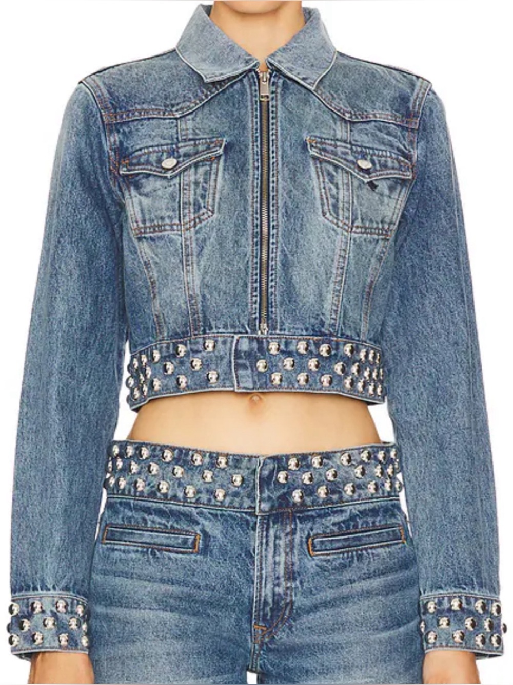 GRLFRND Small Drea Studded Cropped Denim Jacket in Blue